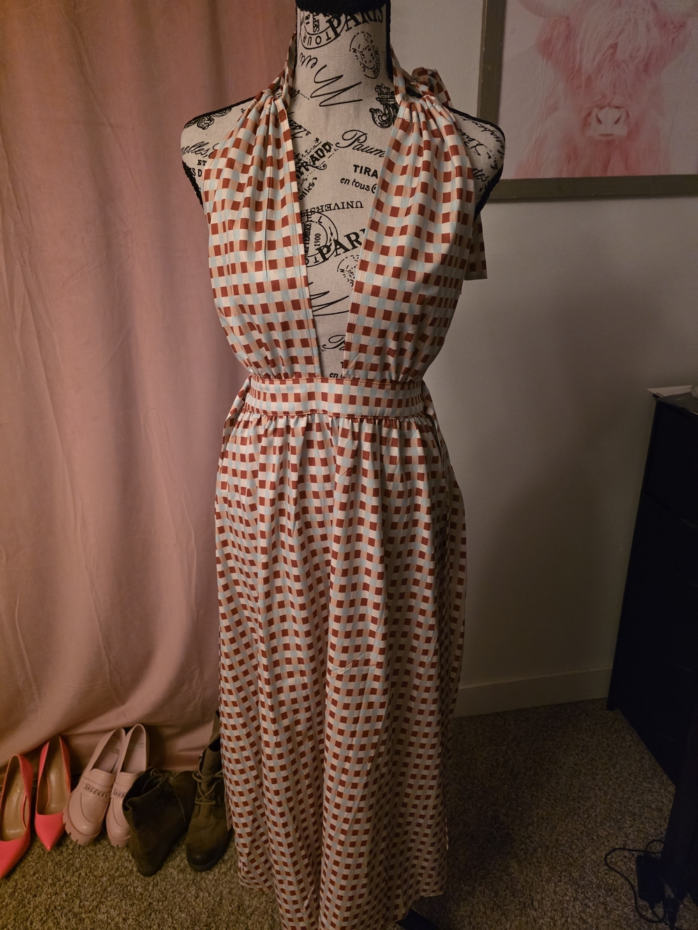 Cider Orange and White Gingham Halter Maxi Dress